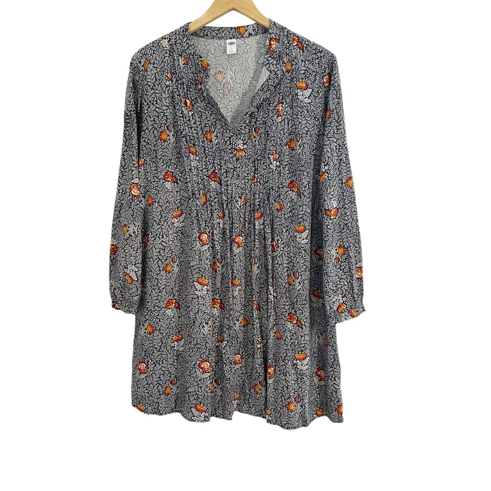 Old Navy Grey White Floral Multicolor Pintuck Long Sleeve Swing Dress Large